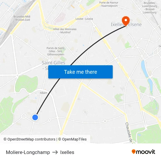 Moliere-Longchamp to Ixelles map