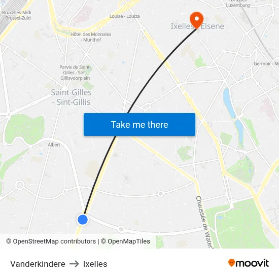 Vanderkindere to Ixelles map