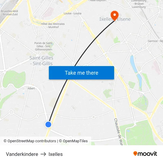 Vanderkindere to Ixelles map