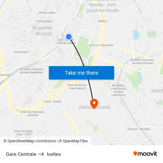 Gare Centrale to Ixelles map