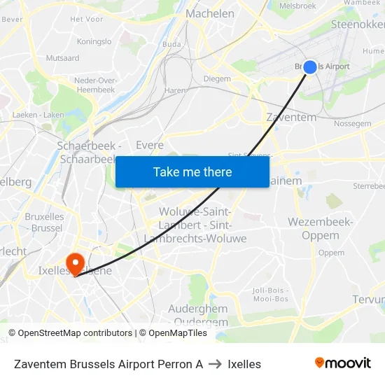 Zaventem Brussels Airport Perron A to Ixelles map