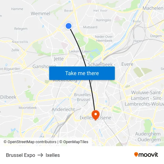 Brussel Expo to Ixelles map