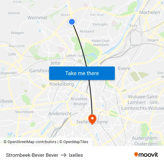 Strombeek-Bever Bever to Ixelles map
