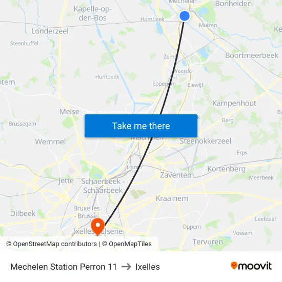 Mechelen Station Perron 11 to Ixelles map