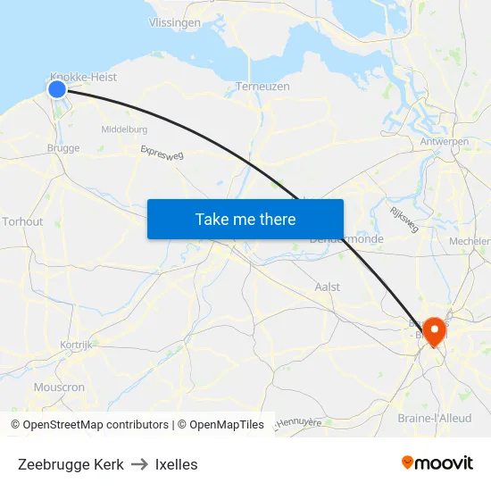Zeebrugge Kerk to Ixelles map