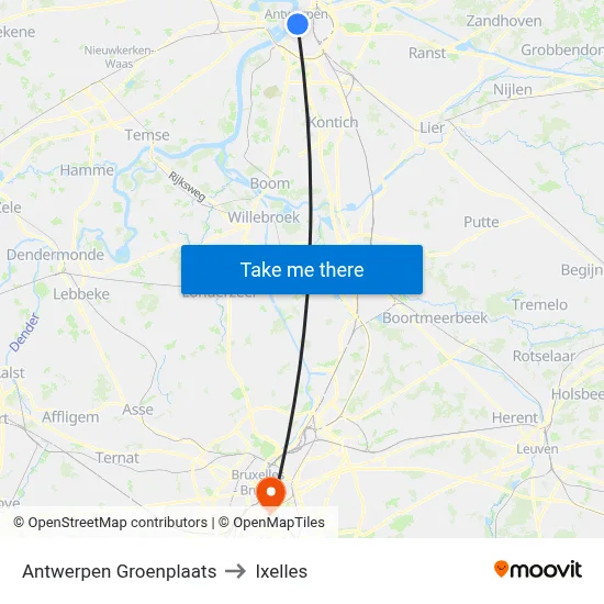 Antwerpen Groenplaats to Ixelles map