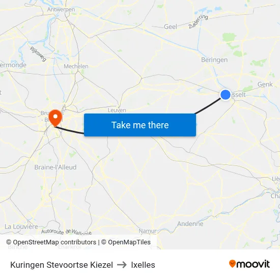Kuringen Stevoortse Kiezel to Ixelles map