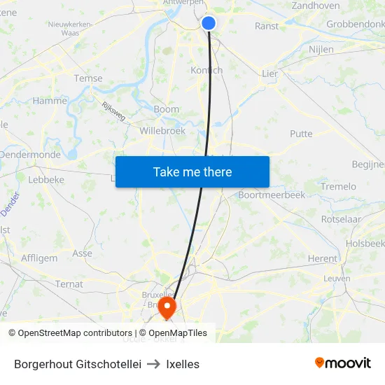 Borgerhout Gitschotellei to Ixelles map
