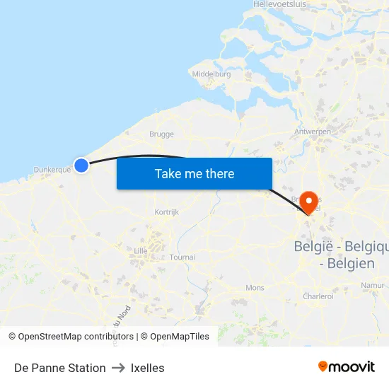 De Panne Station to Ixelles map