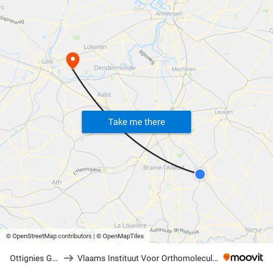 Ottignies Gare - Quai 7 to Vlaams Instituut Voor Orthomoleculaire Wetenschappen V.i.o.w. map