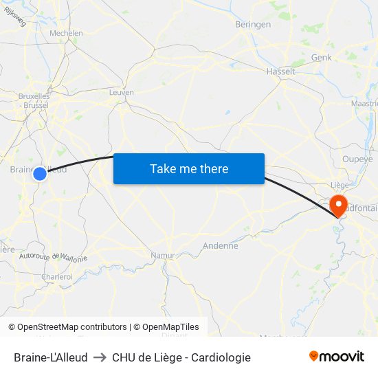 Braine-L'Alleud to CHU de Liège - Cardiologie map