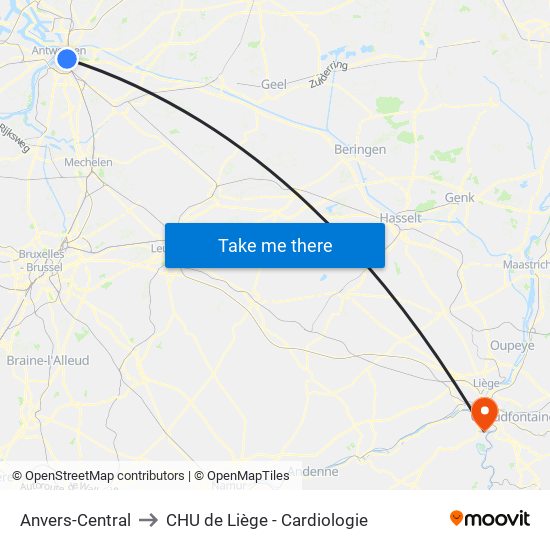 Anvers-Central to CHU de Liège - Cardiologie map