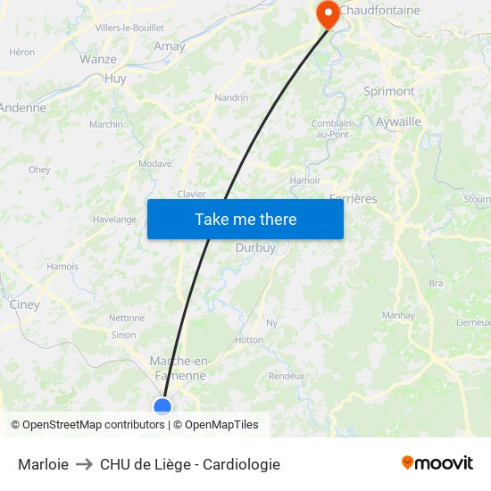 Marloie to CHU de Liège - Cardiologie map