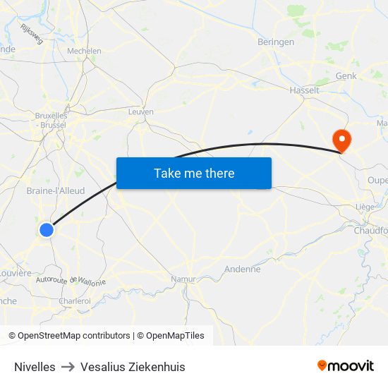 Nivelles to Vesalius Ziekenhuis map