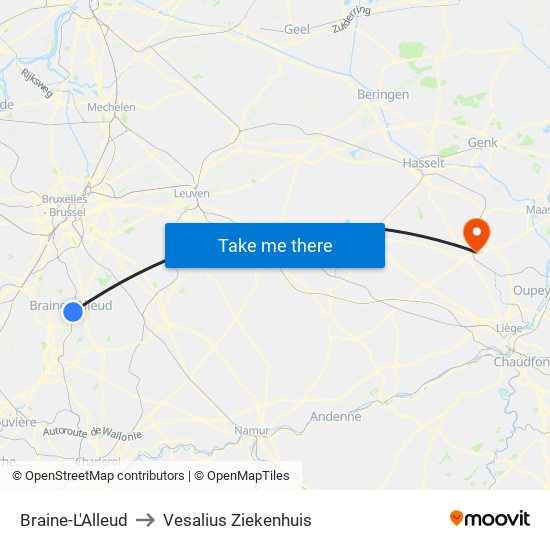 Braine-L'Alleud to Vesalius Ziekenhuis map