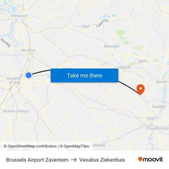 Brussels Airport-Zaventem to Vesalius Ziekenhuis map