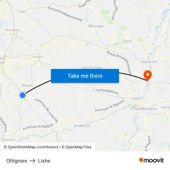 Ottignies to Lixhe map