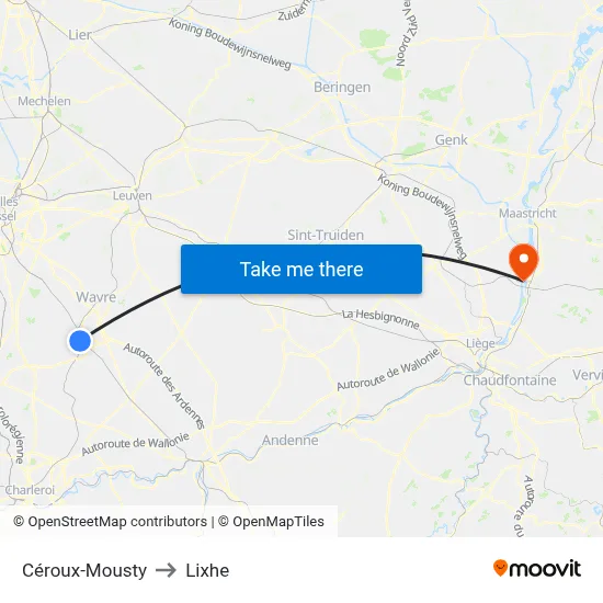 Céroux-Mousty to Lixhe map