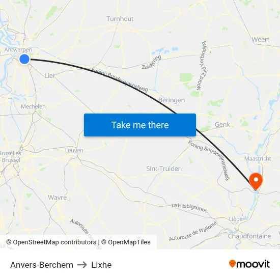 Antwerp-Berchem to Lixhe map