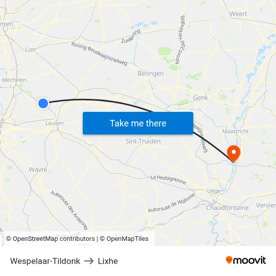 Wespelaar-Tildonk to Lixhe map