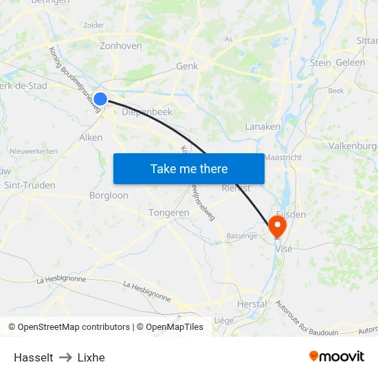 Hasselt to Lixhe map