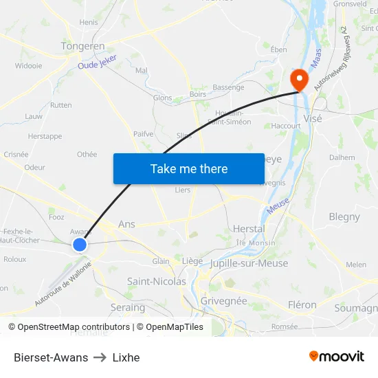 Bierset-Awans to Lixhe map