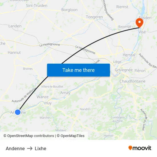 Andenne to Lixhe map