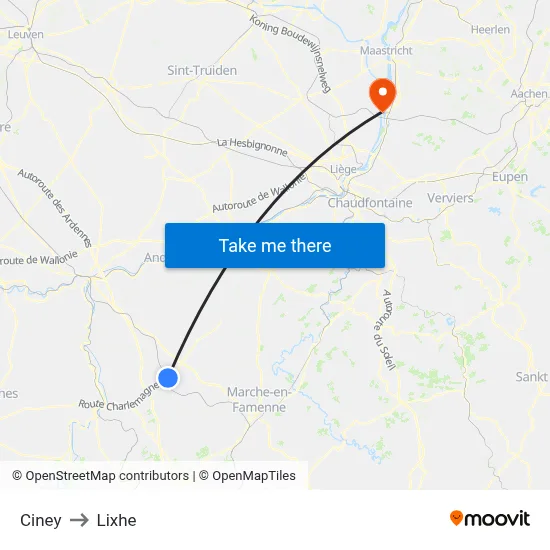Ciney to Lixhe map