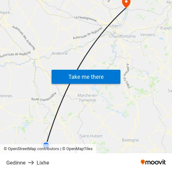 Gedinne to Lixhe map