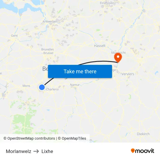 Morlanwelz to Lixhe map