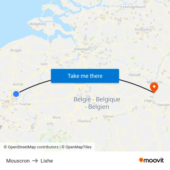Mouscron to Lixhe map