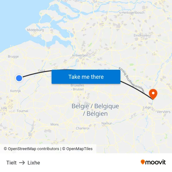 Tielt to Lixhe map