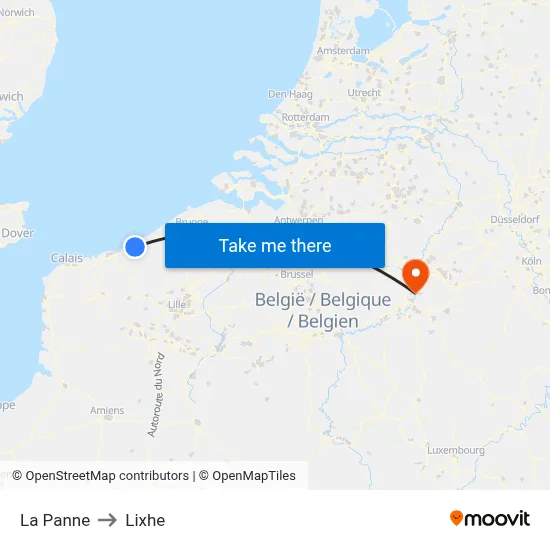 La Panne to Lixhe map