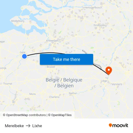 Merelbeke to Lixhe map
