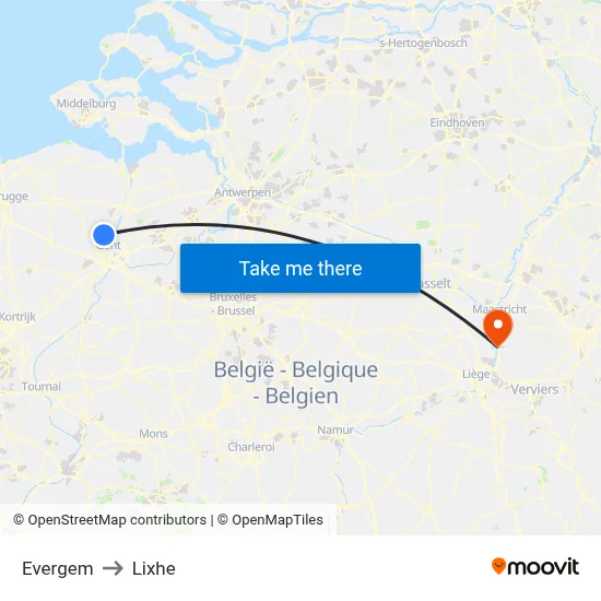 Evergem to Lixhe map