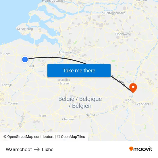 Waarschoot to Lixhe map