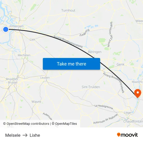 Melsele to Lixhe map