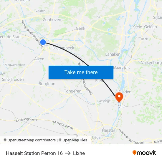 Hasselt Station Platform 16 to Lixhe map