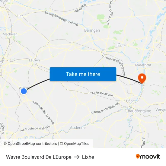 Wavre Europe Boulevard to Lixhe map