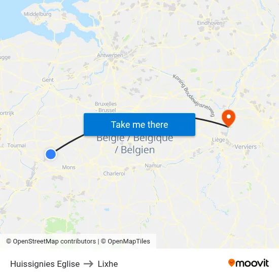 Huissignies Church to Lixhe map