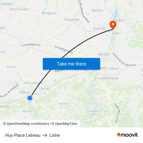 Huy Place Lebeau to Lixhe map
