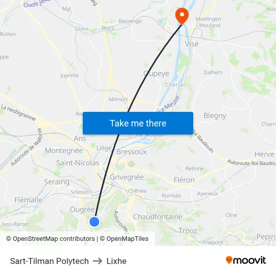 Sart-Tilman Polytech to Lixhe map