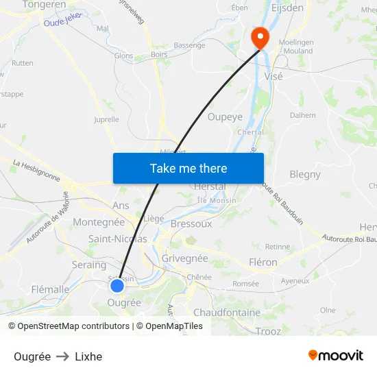 Ougrée to Lixhe map