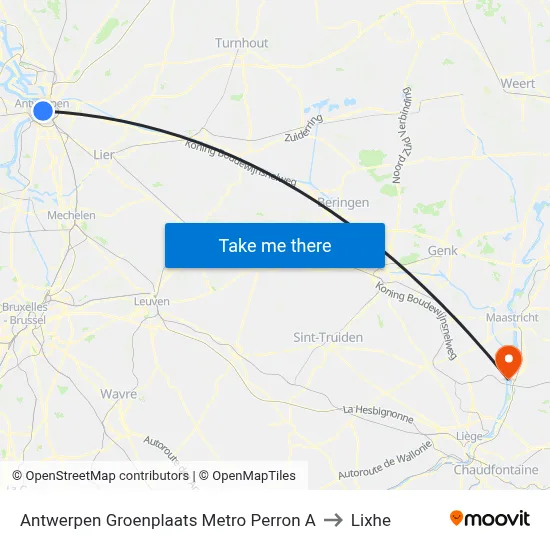 Antwerp Groenplaats Metro Platform A to Lixhe map
