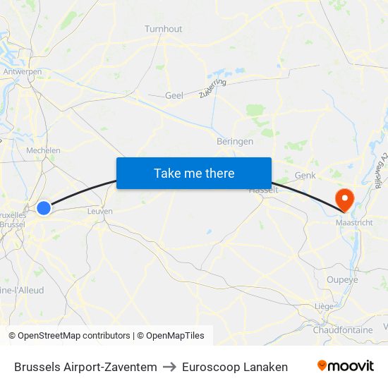 Brussels Airport-Zaventem to Euroscoop Lanaken map