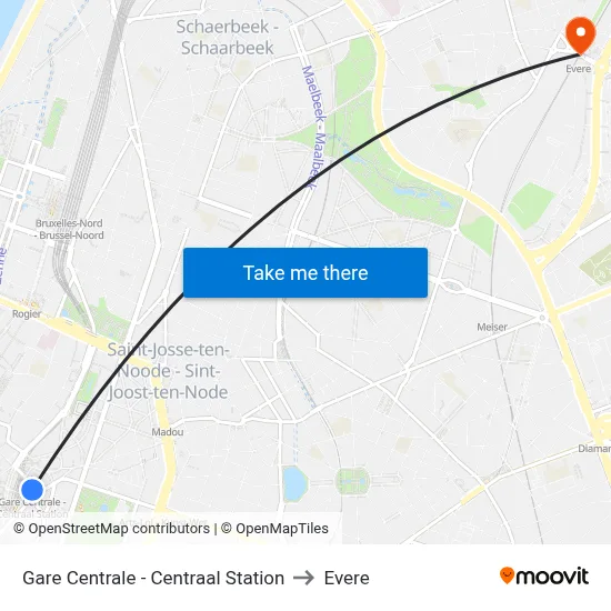 Gare Centrale - Centraal Station to Evere map
