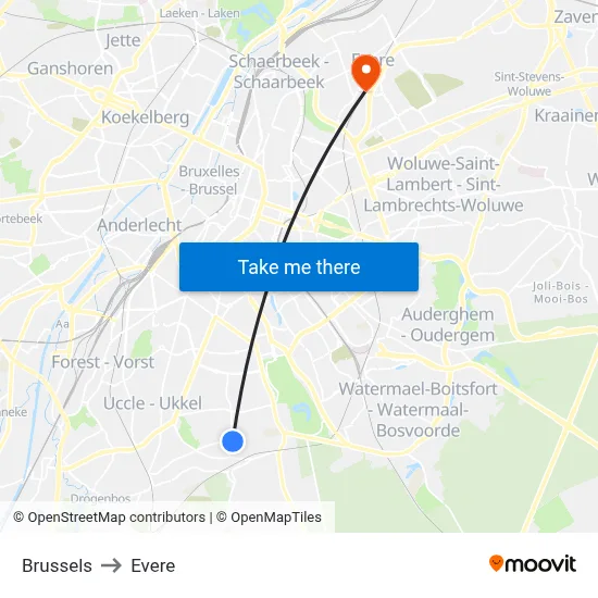 Brussels to Evere map