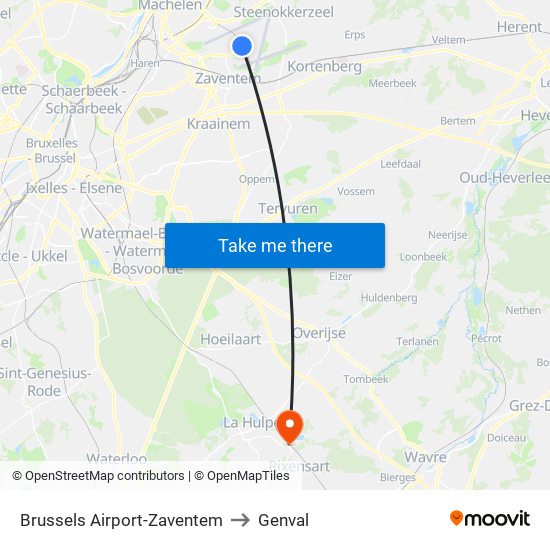Brussels Airport-Zaventem to Genval map