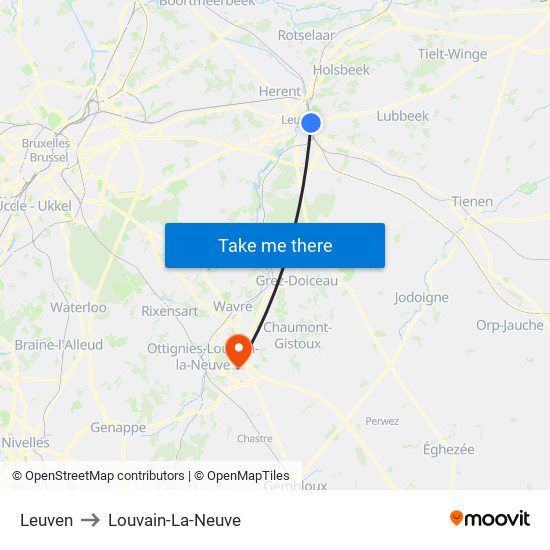 Leuven to Louvain-La-Neuve map