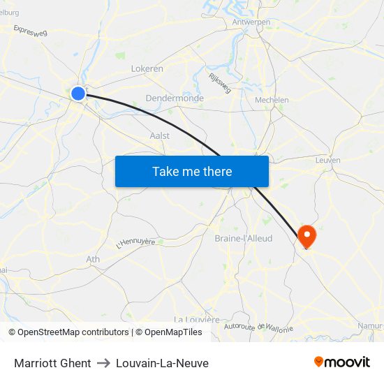 Marriott Ghent to Louvain-La-Neuve map